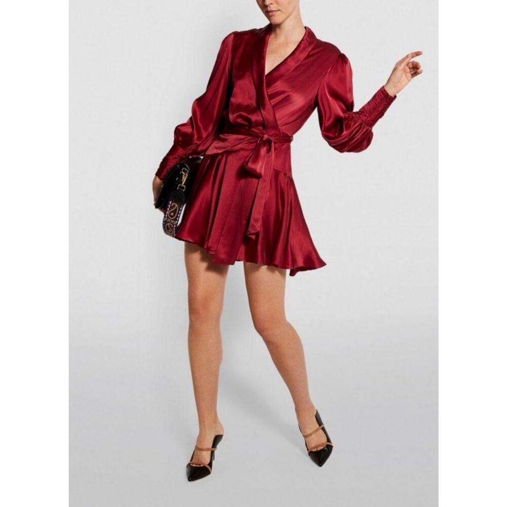 Zimmermann Silk Wrap Mini Dress Burgundy Long Sleeve Tie Waist US 8 (3) - Picture 3 of 16